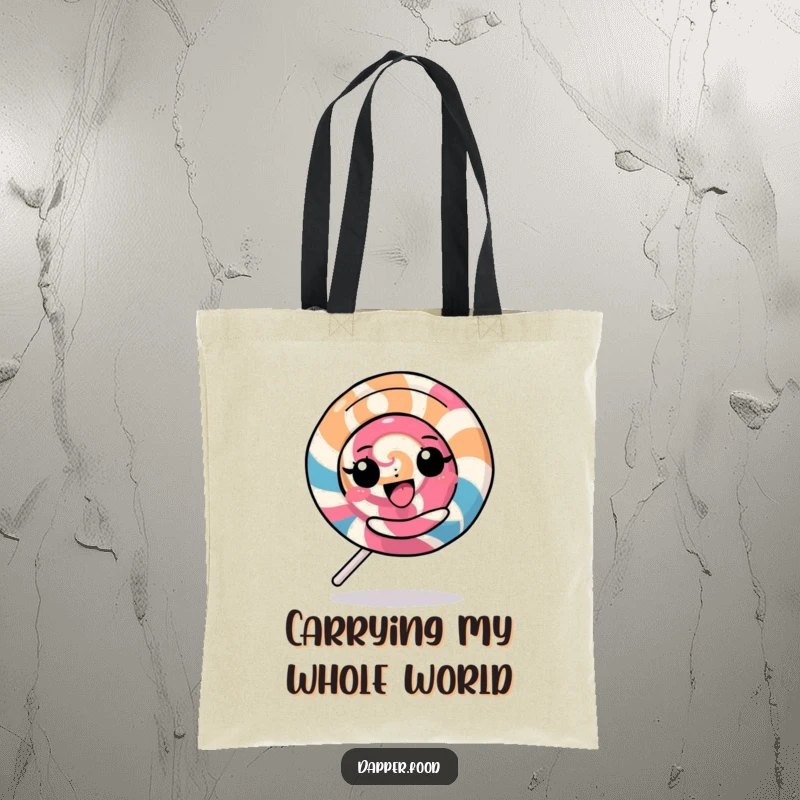 Funny Kawaii Lollipop Tote Bag: A bright character spinning rapidly, symbolizing energy and fun, a practical funny gift.