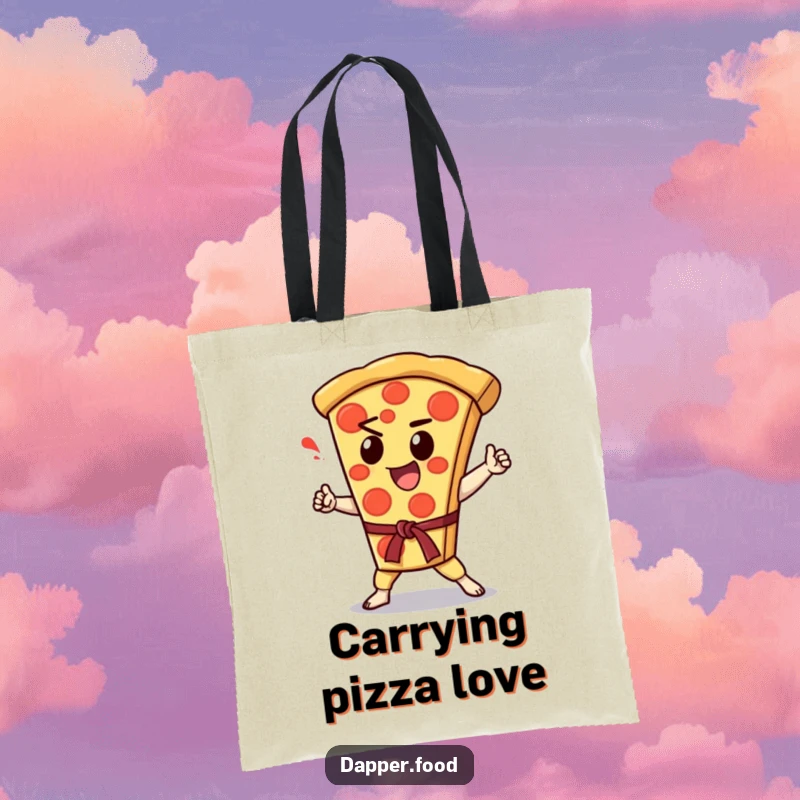 Funny Kawaii pizza slice character performing a karate chop on a durable tote bag, perfect for shoppers.
