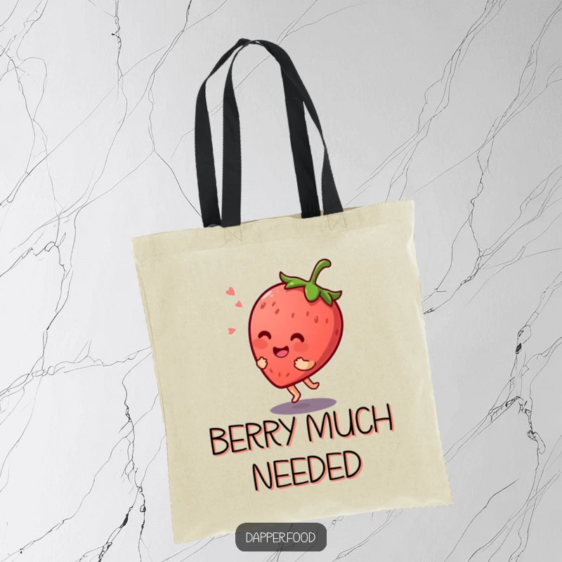 Funny Kawaii strawberry character giggling atop its stem on a durable tote bag, perfect for shoppers.
