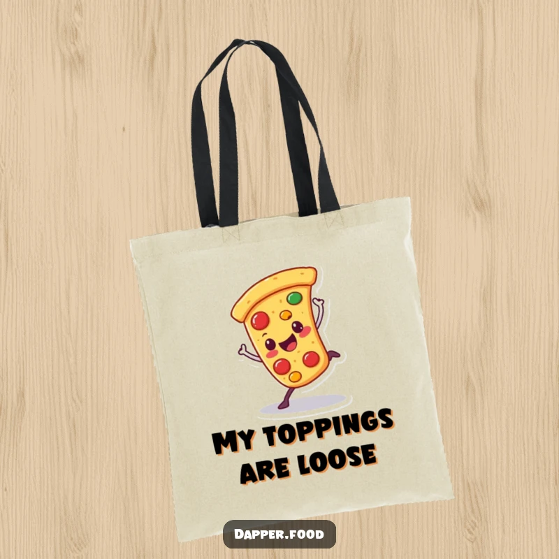Funny tote bag showcasing a happy pizza character attempting a cartwheel with wobbling toppings, a whimsical and practical accessory.