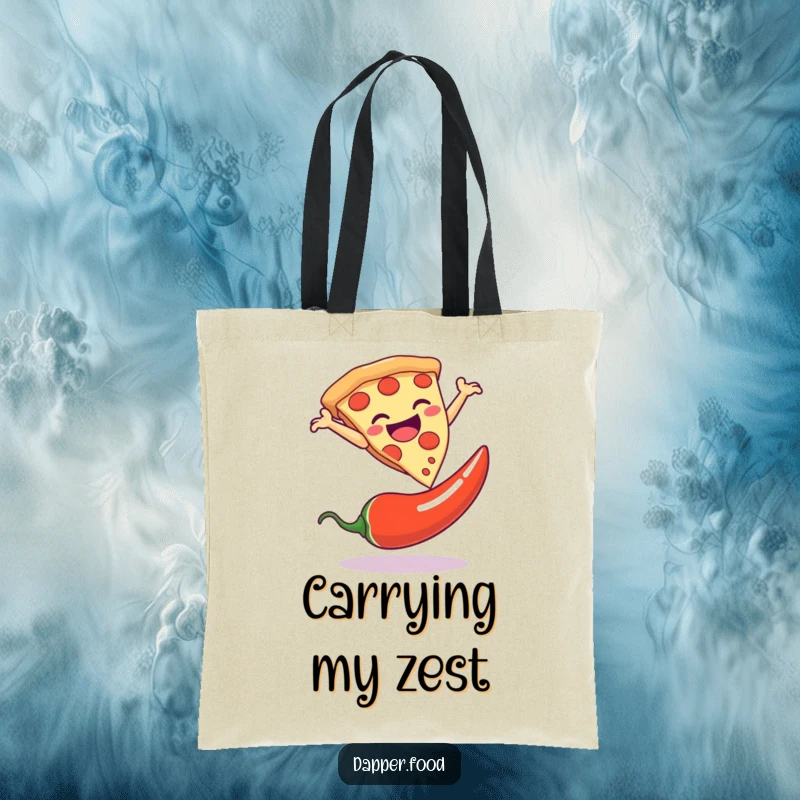 Funny tote bag depicting a pizza slice making a dramatic leap over a chili pepper, great for shopping and humor.