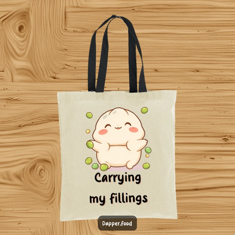 Funny tote bag featuring a playful, rosy-cheeked dumpling character juggling small peas, ideal for humorous carrying.