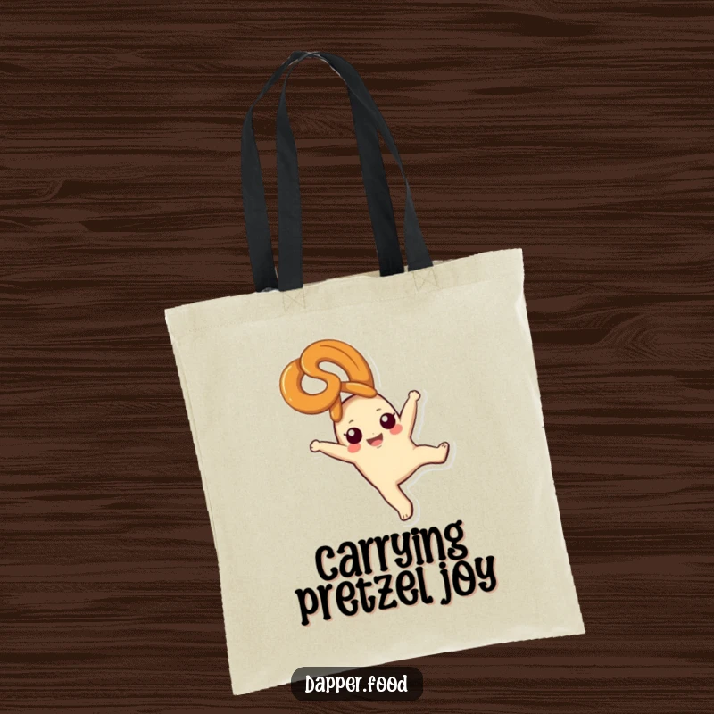 Funny pretzel tote bag, a happy snack character cartwheeling with bliss, perfect for carrying essentials, great funny gift.