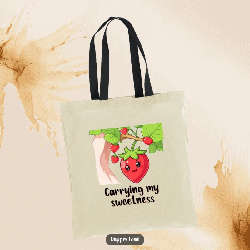 Funny strawberry tote bag featuring a smiling character swinging gleefully from a vine, perfect for carrying daily goods.