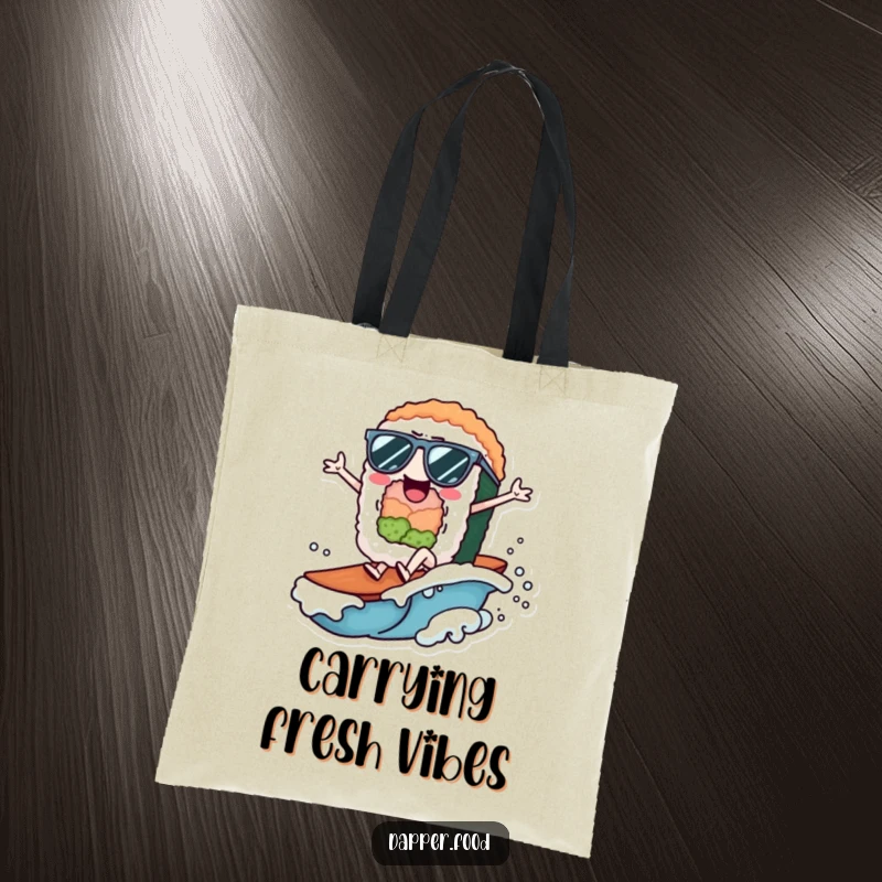 Funny Tote Bag showing a cheerful sushi roll character wearing sunglasses, enthusiastically riding a small wave.