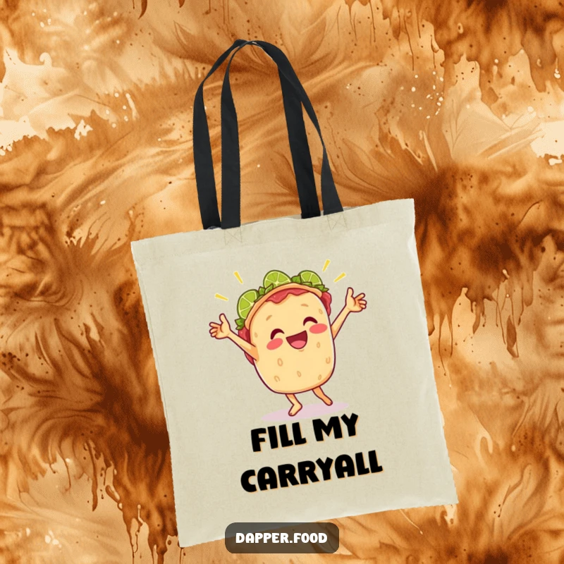 Funny tote bag illustrated with a cheerful taco doing a joyful victory dance with lime wedges, ideal for food lovers.