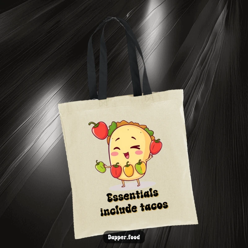 Funny tote bag showing a winking taco character adeptly juggling three tiny bell peppers, ready for a fiesta.