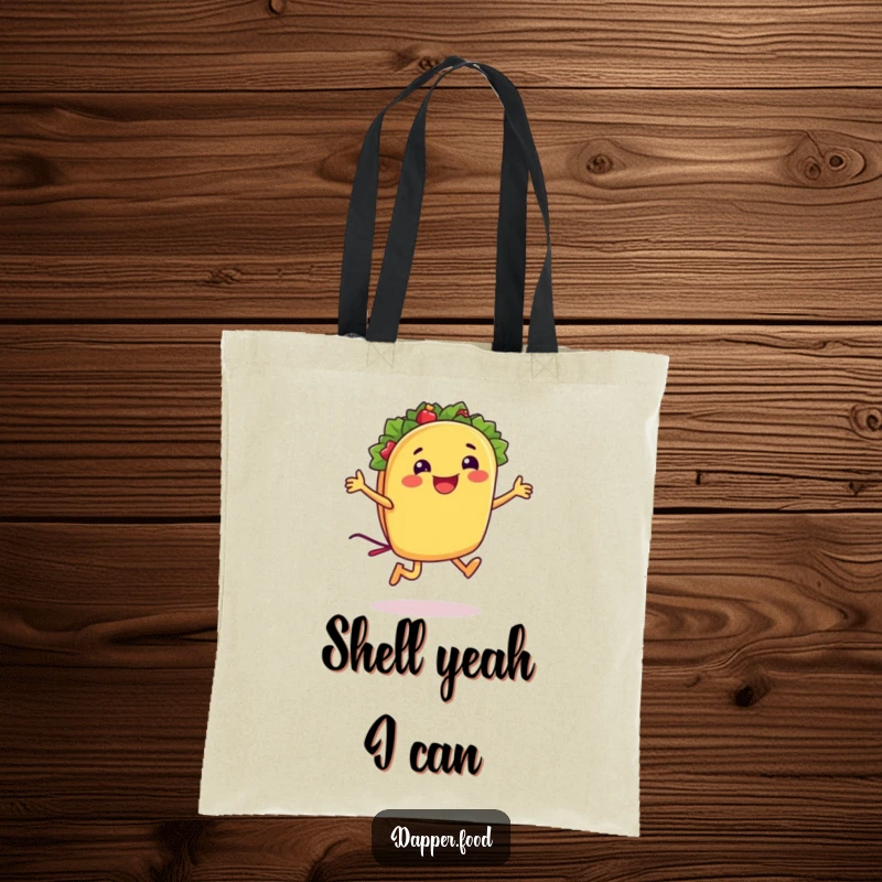 Funny taco tote bag featuring a smiling taco character energetically jumping rope with its shell, a whimsical and fun accessory.