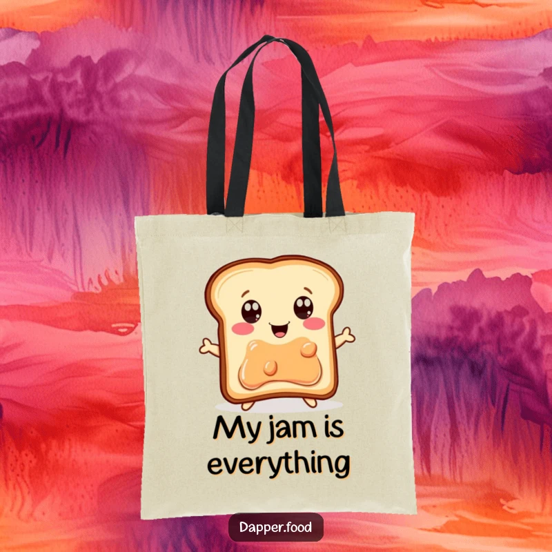 Funny Tote Bag: A delighted piece of toast with determined eyes jumps up towards a jelly jar, celebrating breakfast goals.