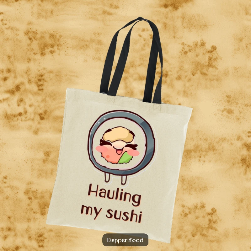 Funny tote bag with a happy sushi roll character spinning with closed eyes, designed for shopping and smiles.