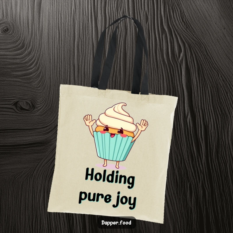 Funny Tote Bag showing a giggling cupcake character giving a giant high-five with its tiny arms.