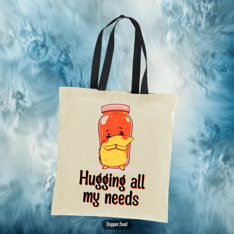 Funny tote bag with a taco attempting to hug a giant salsa jar, practical for shopping and humorous.
