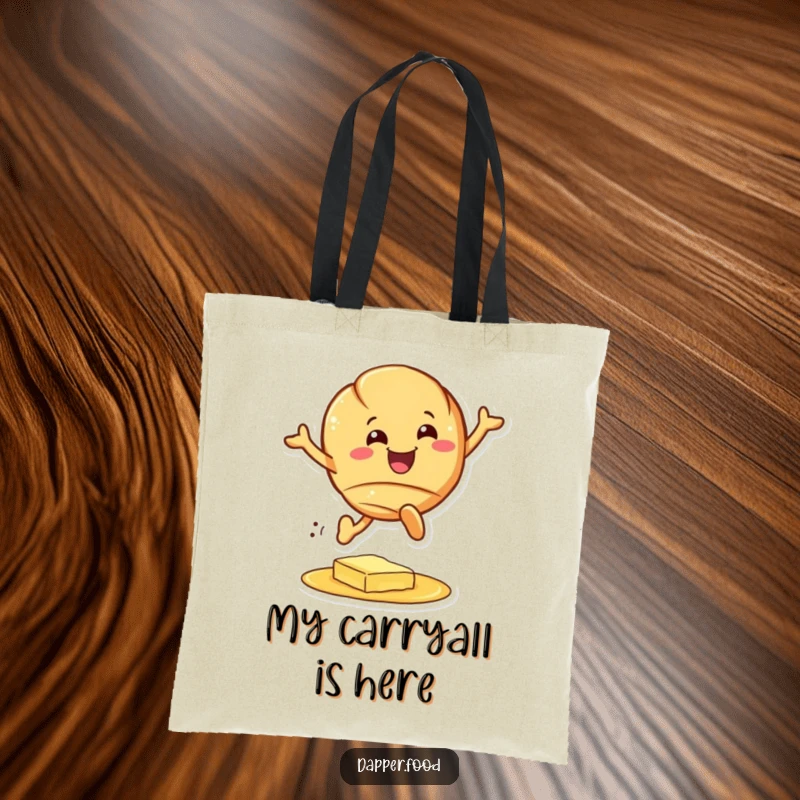 Funny croissant tote bag, a cheerful pastry leaping over butter, perfect for carrying essentials with a smile, funny gift.