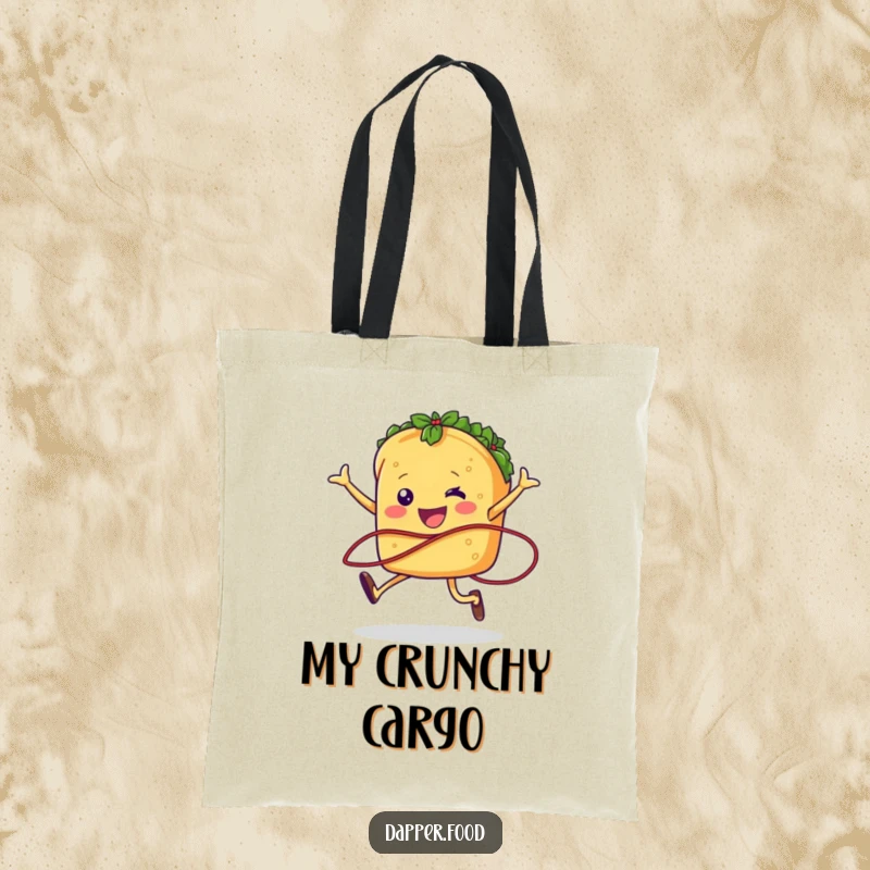 Funny taco character with legs jumping rope with salsa, on a practical tote bag for humorous, everyday use.