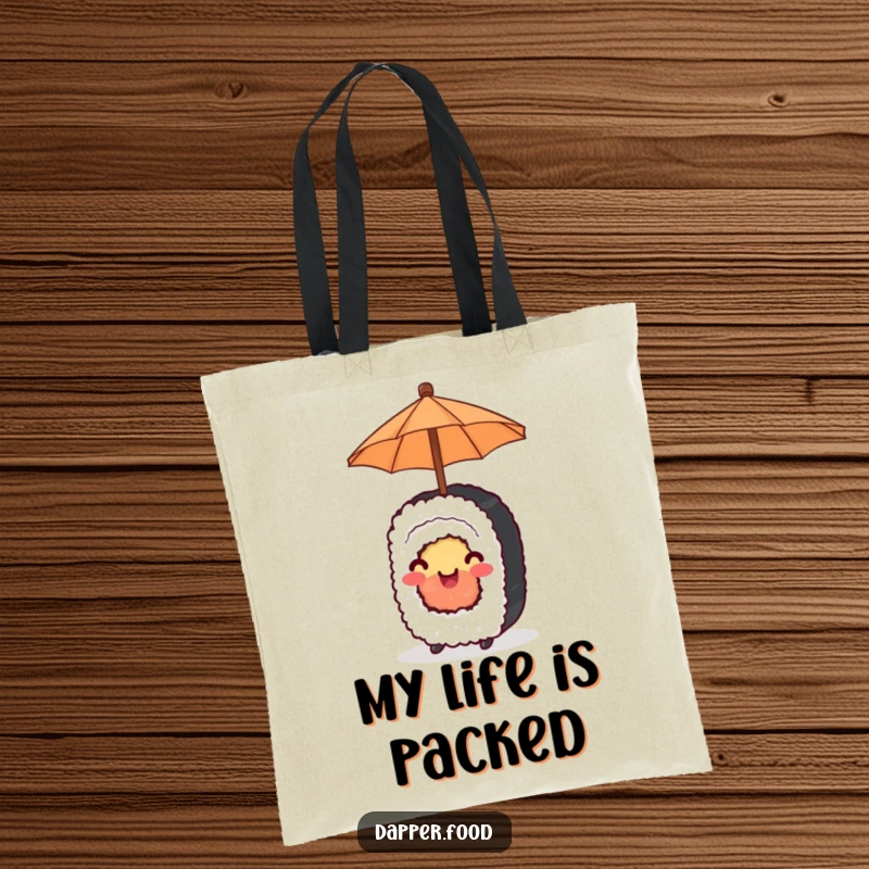 Funny Tote Bag designed with a happy sushi roll balancing a tiny umbrella, perfect for carrying sunshine and smiles.
