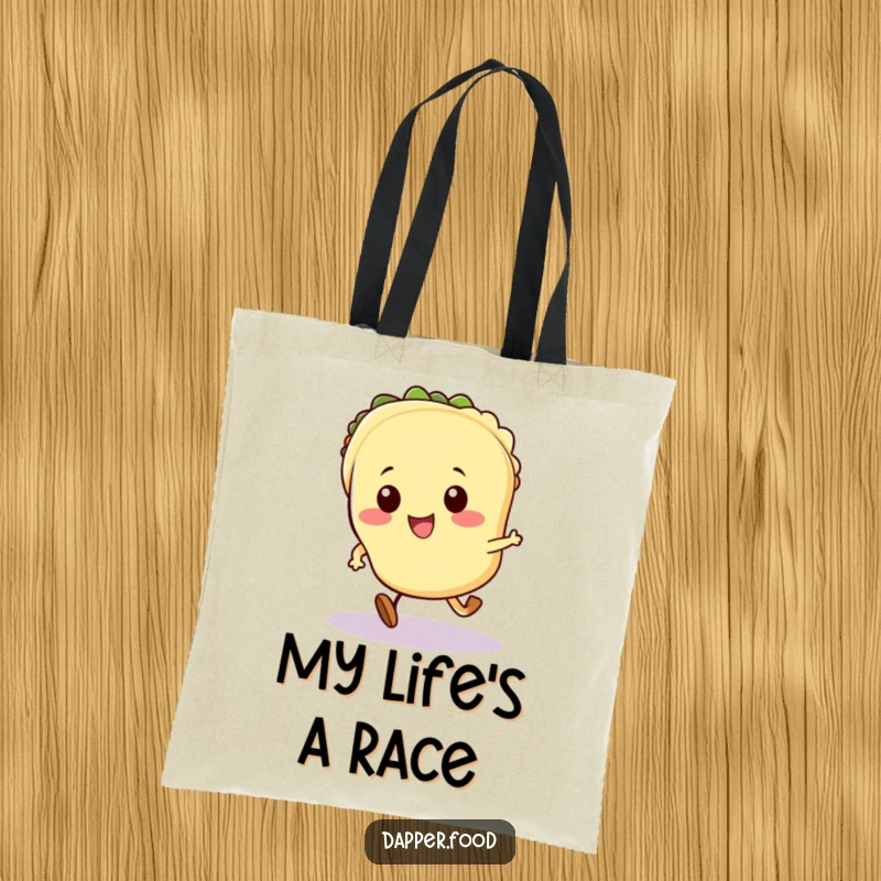 Funny Kawaii taco tote bag illustrated with a cute taco character with tiny legs energetically running.