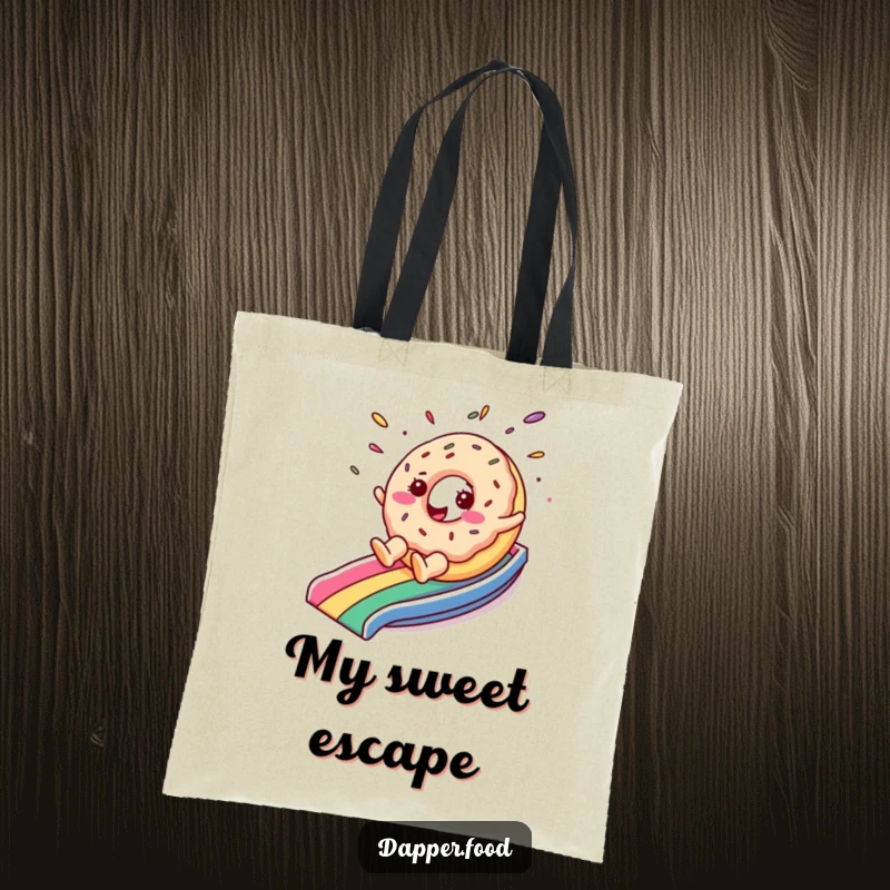 Funny tote bag showcasing a cheerful donut character with sprinkles flying as it slides down a rainbow, a whimsical and practical accessory.