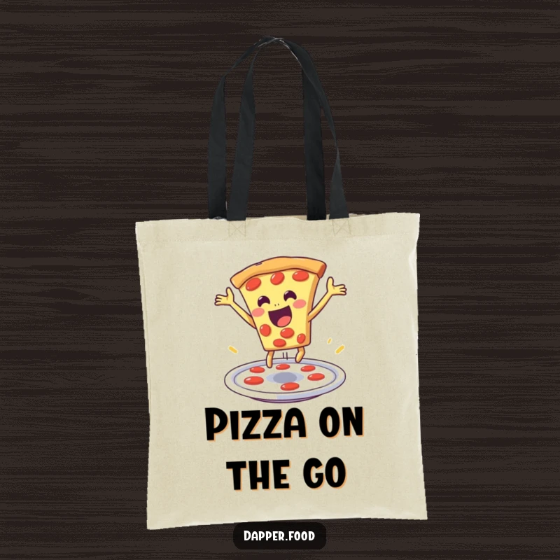 Funny pizza tote bag with a delighted pizza slice performing a dramatic leap from a plate, a fun and stylish accessory.