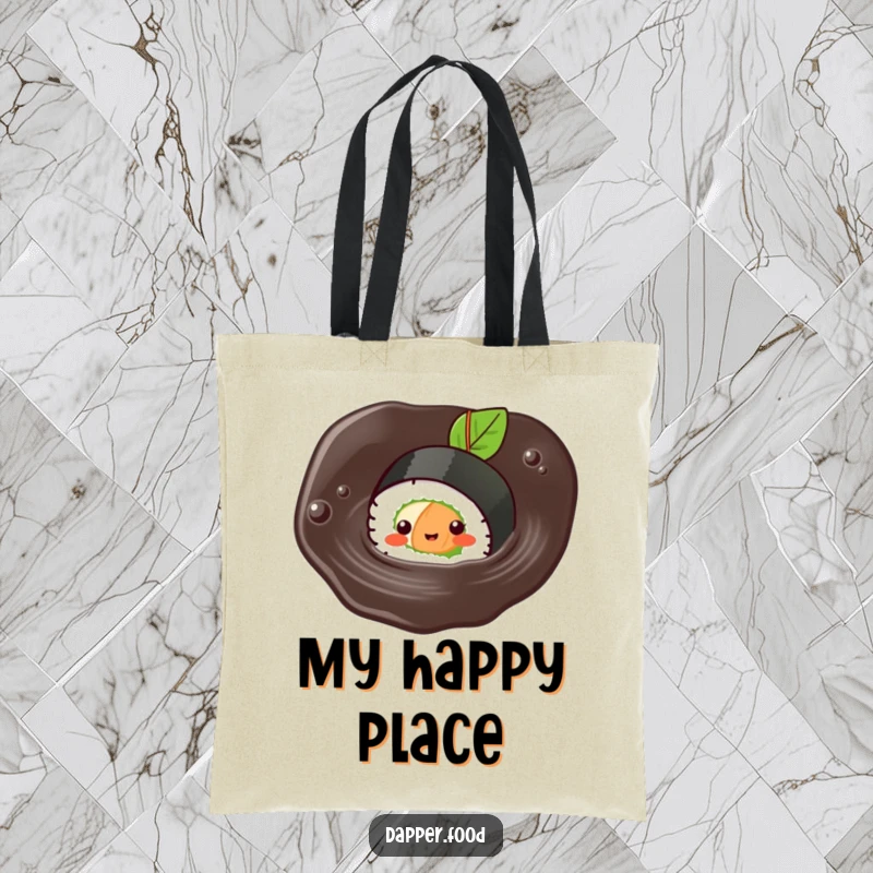Funny Kawaii sushi tote bag depicting a happy sushi roll character swimming playfully in soy sauce.